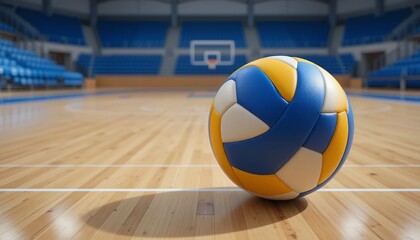 Volleyball resting on polished wooden sports court inside empty gymnasium with basketball hoop in