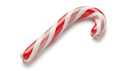 A classic red and white striped peppermint candy cane with a glossy finish, isolated against a plain white background.