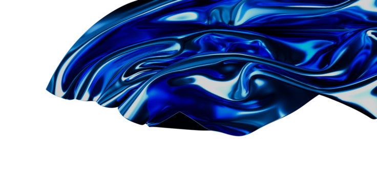 Abstract artwork featuring a flowing blue satin material with a metallic sheen, creating a dynamic and elegant visual. Perfect for design projec