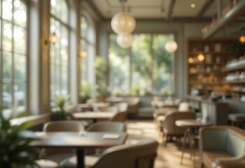 Fototapeta premium Cozy modern cafe interior with natural light and relaxed seating atmosphere