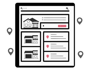 Real estate website interface showing property listings with search and map pins
