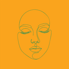 Minimalist continuous line drawing of a serene woman's face with closed eyes and long eyelashes on vibrant orange