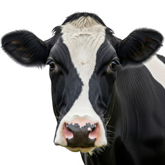 Close-up portrait of a black and white holstein friesian dairy cow face transparent background