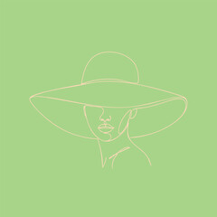 Minimalist Line Art of a Woman Wearing a Wide-Brimmed Hat on a Soft Green