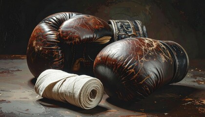 Worn boxing gloves and hand wraps sit on a textured surface, capturing the essence of training and competition in the sport of boxing.
