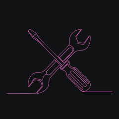 Minimalist neon outline of a crossed wrench and screwdriver symbolizing repair and maintenance tools on a dark