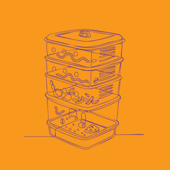 Stacked plastic food containers with various contents including worms, insects, and debris, on an orange highlighting contamination