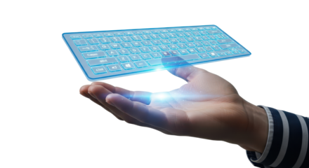 Hand holding a futuristic virtual keyboard isolated PNG with Transparent Background