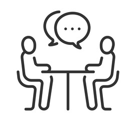 Outlined figures in discussion across table with speech bubbles