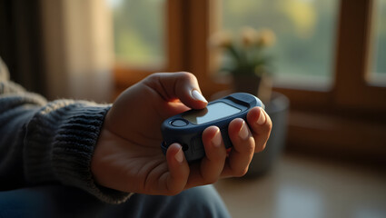 A close-up view reveals a person holding a digital blood glucose meter, showcasing a crucial moment in healthcare monitoring. 