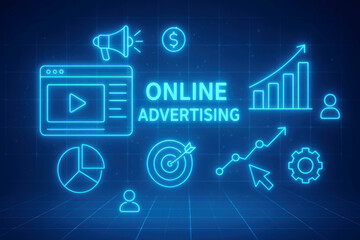 Neon blue glowing icons for online advertising and digital marketing on a grid background promotion