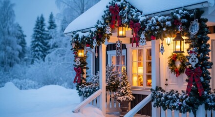 Snowcovered house porch adorned with festive garlands lights ornaments  red bows in a serene winter scene