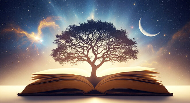 Mystical Tree of Knowledge from Open Book Under Starry Sky, Symbolizing Wisdom, Growth, and Imagination