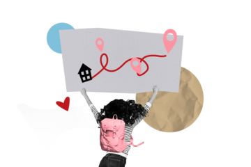 Composite photo collage of happy girl jump summer vacation map home route travel tourism heart concept isolated on painted background