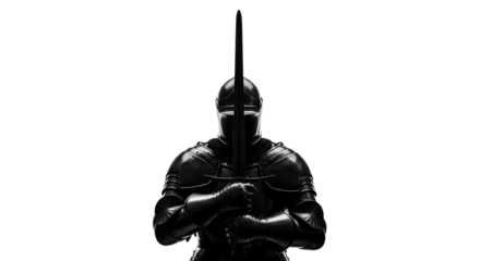 Silhouette of a knight in armor holding a sword isolated PNG with Transparent Background