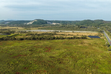 Aerial view of a large solar power plant construction site near Kushiro Wetland, Hokkaido, Japan – Editorial Use Only