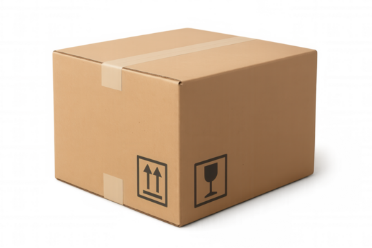 Cardboard shipping box with fragile and upward arrows symbols, sealed parcel for delivery logistics on transparent background