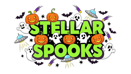 Stellar Spooks: Spooky Halloween illustration design with pumpkins, ghosts, spaceships, shooting stars, and bats, representing the magic of the holiday season.