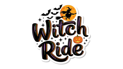 Witch Ride: A whimsical Halloween illustration featuring a witch on her broomstick, illuminated by a full moon. Adorned with playful pumpkins, bats, and stars.