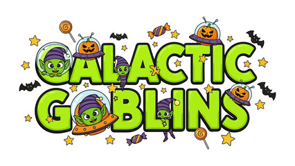 Galactic Goblins: A fun and whimsical illustration of Galactic Goblins with alien creatures amidst a space theme, stars, pumpkin-headed aliens and candies perfect for Halloween season.