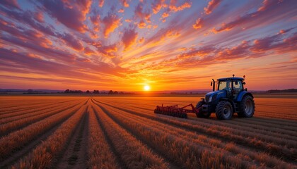 Fototapeta premium Expansive agricultural field with tractor working under vibrant sunset sky
