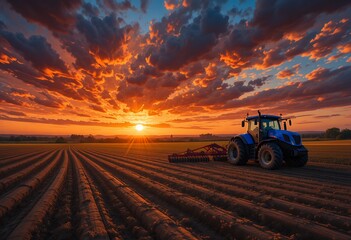 Fototapeta premium Tractor working on expansive farmland under vibrant sunset sky with dramatic clouds