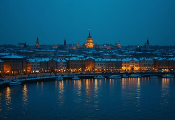 Obraz premium Illuminated historic city skyline reflecting over calm waterfront during twilight winter evening