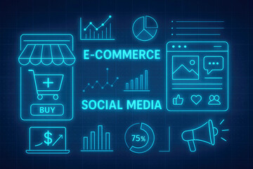 Neon E-commerce and Social Media Icons with Graphs and Charts on Dark Blue Background online shopping