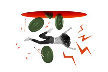 Composite trend artwork sketch image photo collage of business stats human resource graphics hole young lady fall down crisis lose coins