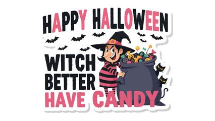 Halloween Witch with Candy: A festive Halloween scene showcasing a playful witch and a cauldron brimming with candy, perfect for spreading holiday cheer.
