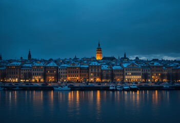 Fototapeta premium Evening view of illuminated historic waterfront buildings with calm reflections on water under