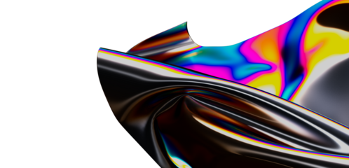 Creative abstract art featuring vibrant, multicolored metallic forms. The image showcases the play of light and shadow across curved surfaces, g