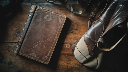 Vintage leather bound book and accessories on wooden table