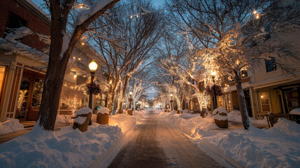 A charming snowy street illuminated by holiday lights, with softly glowing lamps and decorated trees lining the path. The peaceful scene evokes a sense of warmth and community during the holiday
