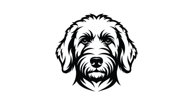 Black and white doodle dog head logo on white background