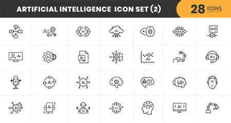  Artificial Intelligence Icon Set – Machine Learning, Neural Network, Automation, Data Analysis, AI Cloud, and Robotics Line Vector Icons with transparent Background.