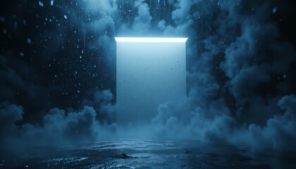 mysterious glowing monolith emerging from foggy dark atmospheric landscape with rain