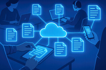 People Collaborating on Cloud Documents via Digital Devices and Network cloud computing collaboration