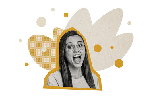 Composite trend artwork 3D sketch image photo collage of silhouette monochrome young lady face smile scream loud voice eyewear student