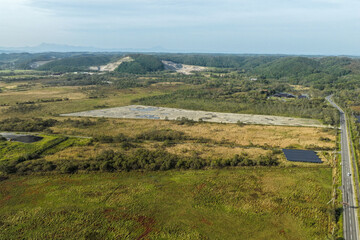 Aerial view of a large solar power plant construction site near Kushiro Wetland, Hokkaido, Japan – Editorial Use Only
