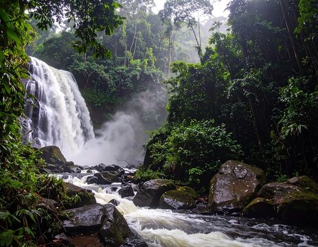 Lush waterfall in tropical rainforest