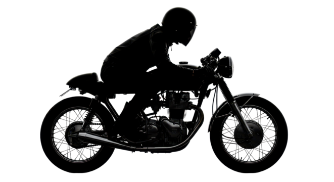 Silhouette of a motorcyclist on a classic motorcycle isolated on white