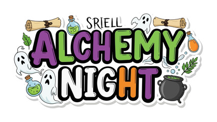Alchemy Night Graphic: A whimsical illustration designed with vibrant hues, this graphic design captures the essence of a mystical Alchemy Night event, featuring elements of magic, potion.