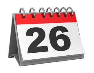 3d render calendar 26, isolated on white background 