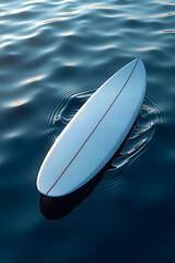 A light blue surfboard floats peacefully on calm, dark blue water.