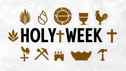 Holy week icons collage with cross, chalice, crown of thorns, palm branches, donkey, rooster and tomb silhouettes around bold central holy week text on white plaster background, high resolution