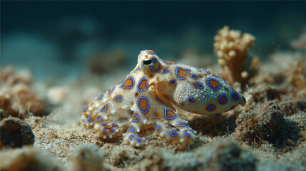 blue-ringed octopus beautiful bright octopus at the bottom of the ocean	