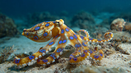 blue-ringed octopus beautiful bright octopus at the bottom of the ocean	