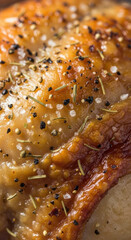 Close up of roasted chicken skin with seasonings showing texture and detail