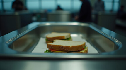 Two sandwiches on paper in a stainless steel tray on a service counter, with blurred people in the background.